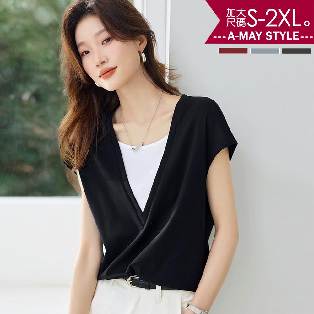 夏新品 加大碼T恤 極簡撞色假兩件層次拼接短袖上衣(S-2XL)【XAM250538】＊艾美時尚(現 預)