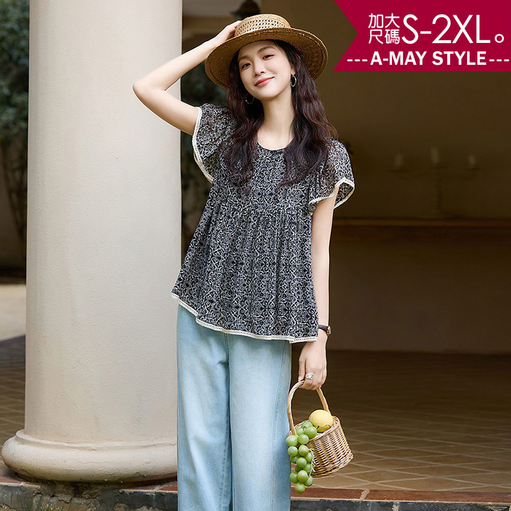 加大碼T恤 飄逸感圖騰印花小飛袖花邊撞色短洋裝上衣(S-2XL)【XAM250541】＊艾美時尚(現 預)