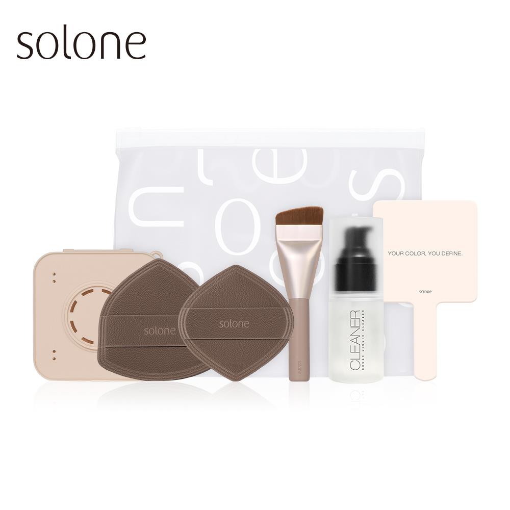 【新品】Solone 特調摩卡上妝工具組(舒芙蕾海綿2入+收納盒+粉底刷+手拿鏡+水洗清潔液)