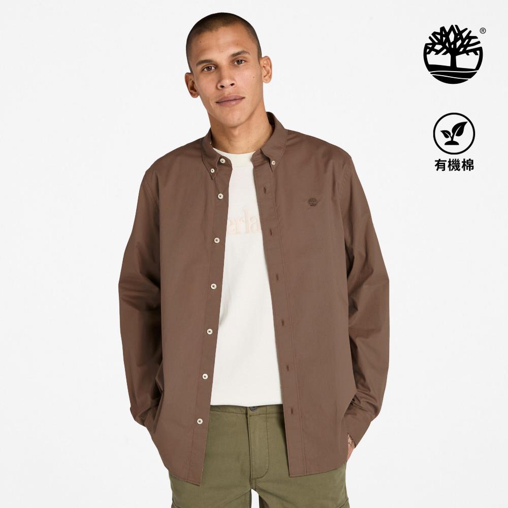 Timberland 男款咖啡色彈性府綢長袖襯衫|A2ANCBK0
