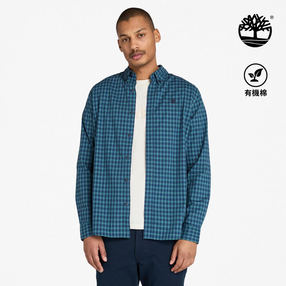 Timberland 男款藍色彈性府綢格紋長袖襯衫|A6N23G66