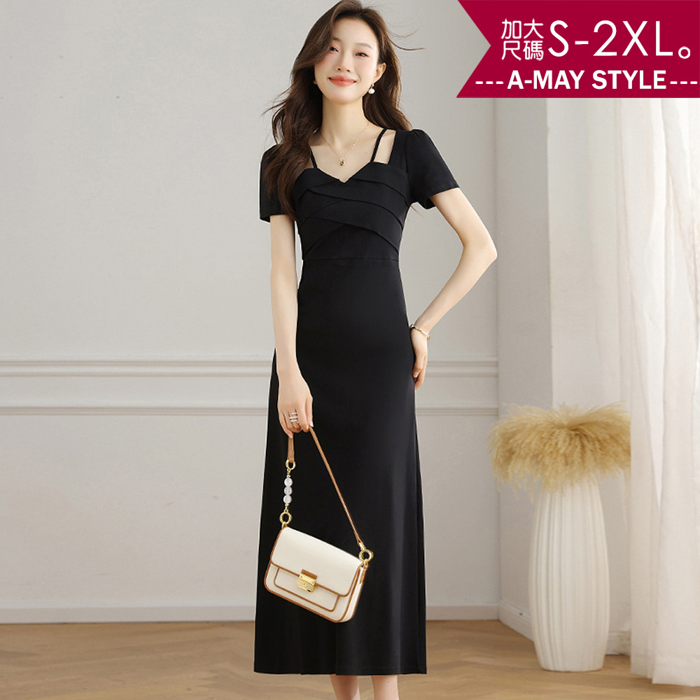 加大碼洋裝 連身裙 優雅時尚設計鏤空小心機顯瘦連身長洋裝(S-2XL)【XGC2506B58】＊艾美時尚(現 預)