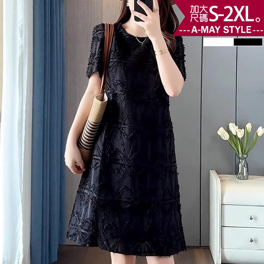 夏新品 加大碼洋裝 法式浪漫幾何紋短袖連身裙洋裝S-2XL)【XAM2505S58】＊艾美時尚(現+預)