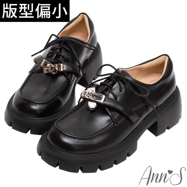 ✨NEW✨Ann’S銀轉扣復古皮革綁帶輕量厚底樂福鞋6cm-黑(版型偏小)