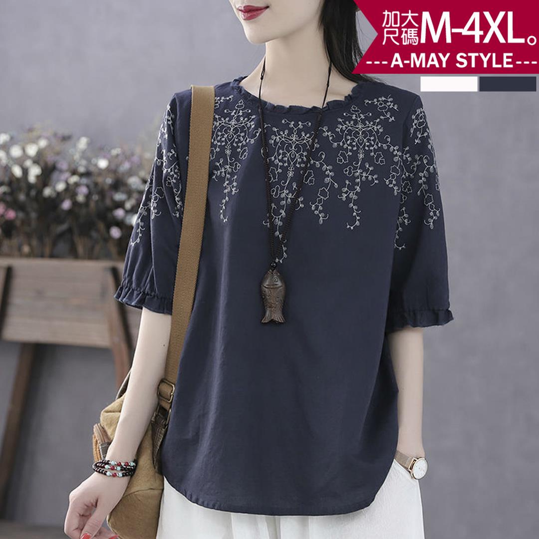 夏新品 加大碼上衣 素雅花邊造型印花五分袖T恤上衣(M-4XL)【XGH250613】＊艾美時尚(現+預)