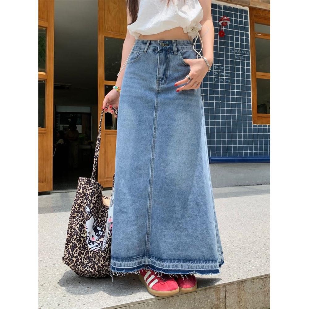 【missy shop】丹寧主場毛邊牛仔長裙-85745