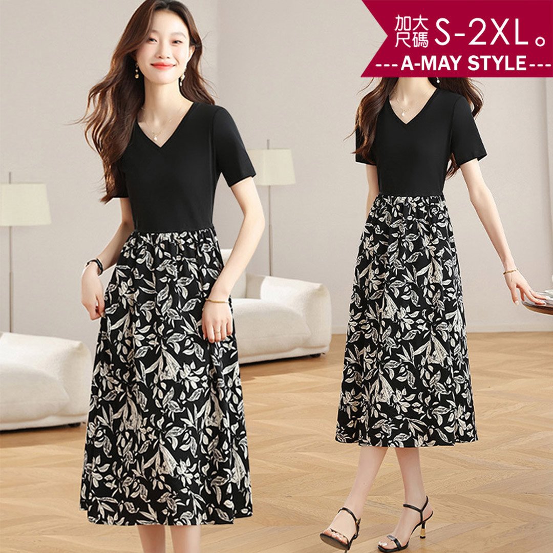 加大碼連身裙 假兩件顯瘦V領短袖T恤拼接印花裙洋裝(S-2XL)【XGC250662】＊艾美時尚(現 預)