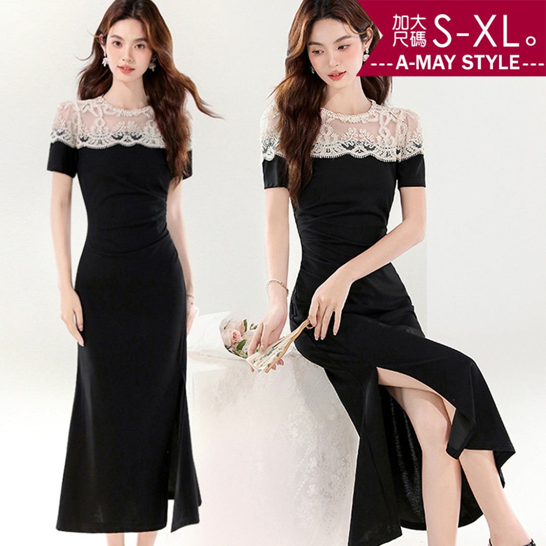 小禮服 洋裝 優雅蕾絲繡花拼接顯瘦開岔連身洋裝(S-XL)【XGC250682】＊艾美時尚(現 預)