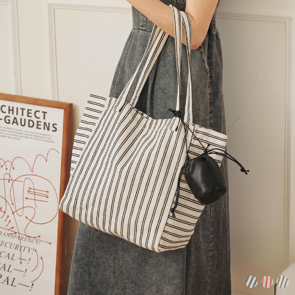 天藍小舖-雙條紋拼接棉麻肩背子母包-共3色-$490【A15153144】