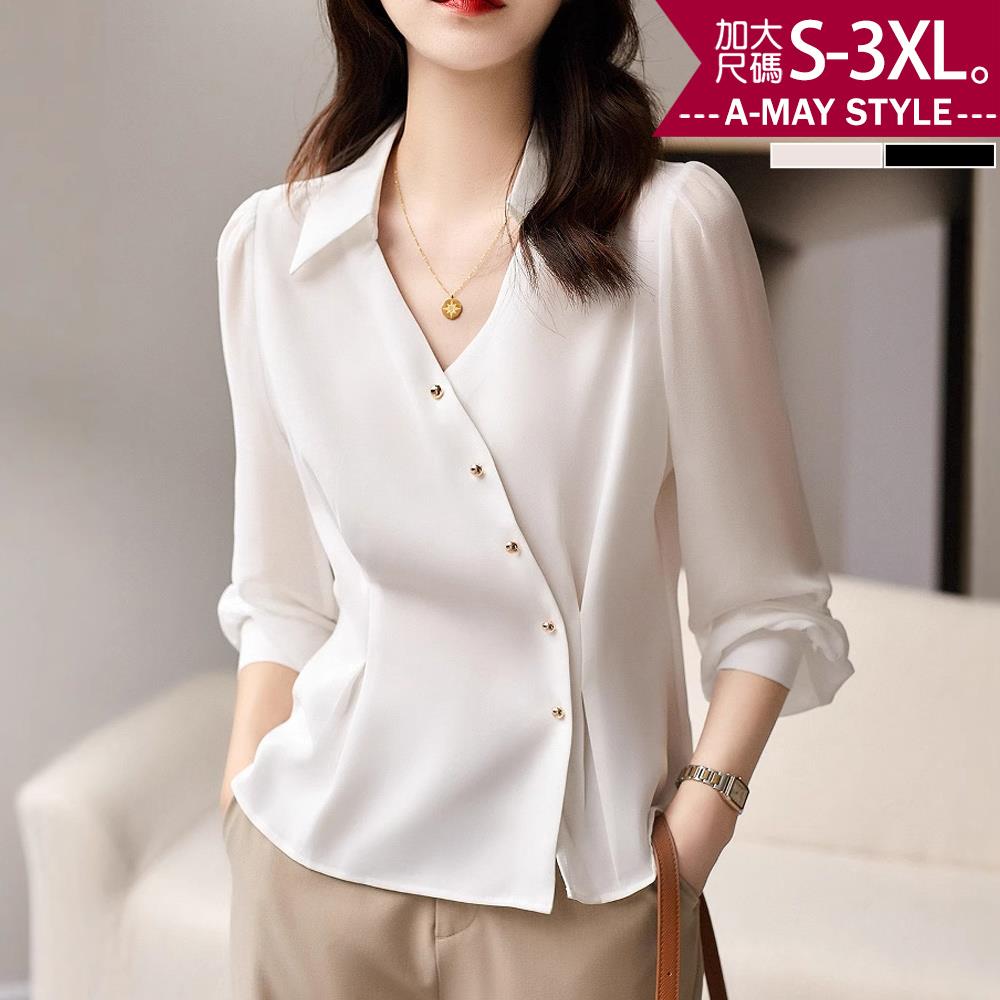 夏新品 加大碼上衣 設計感V領斜切俐落顯瘦長袖襯衫(S-3XL)【XAM2506T38】＊艾美時尚(現+預)