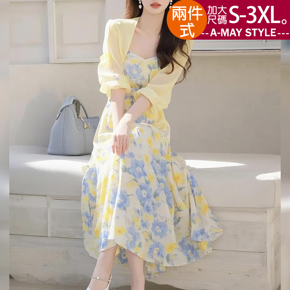 加大碼洋裝 兩件式清新罩衫碎花吊帶連身裙套裝(S-3XL)【XME250688】＊艾美時尚(現 預)
