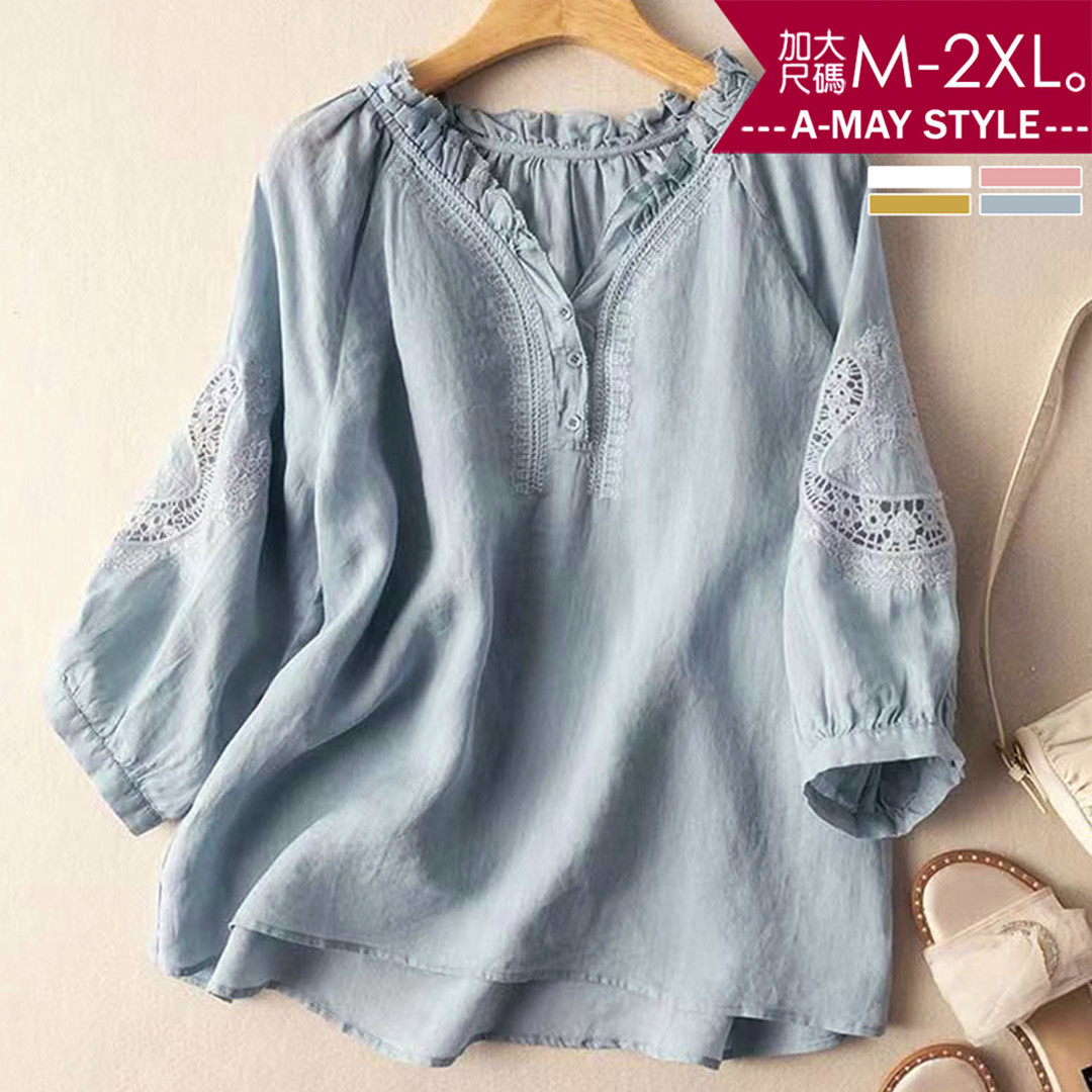加大碼女裝 襯衫 休閒復古刺繡棉麻感V領花邊七分袖上衣(M-2XL)【XML2507C41】＊艾美時尚(現 預)