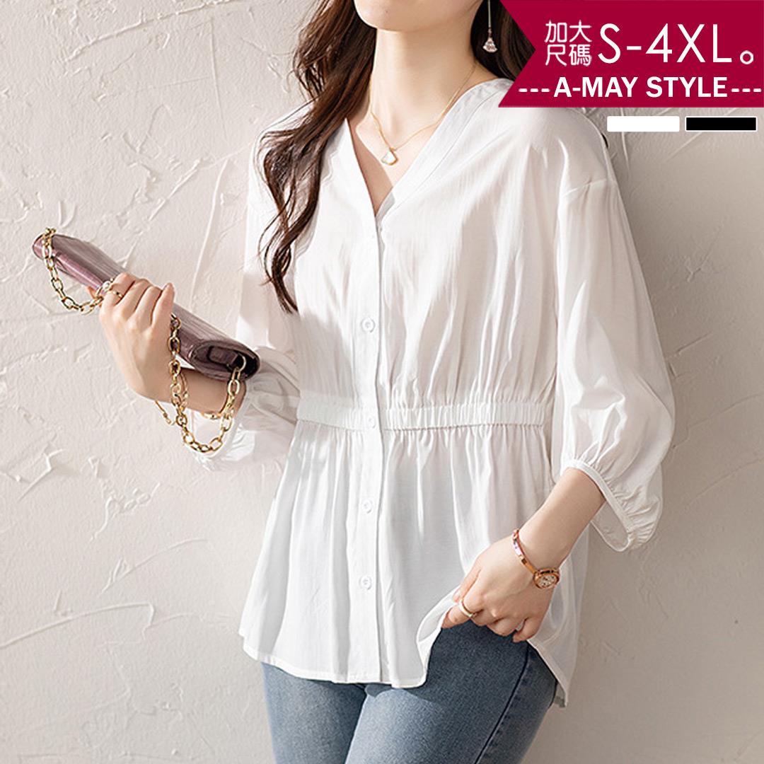 夏新品 加大碼上衣 簡約V領七分燈籠袖收腰顯瘦襯衫(S-4XL)【XML250747】＊艾美時尚(現 預)