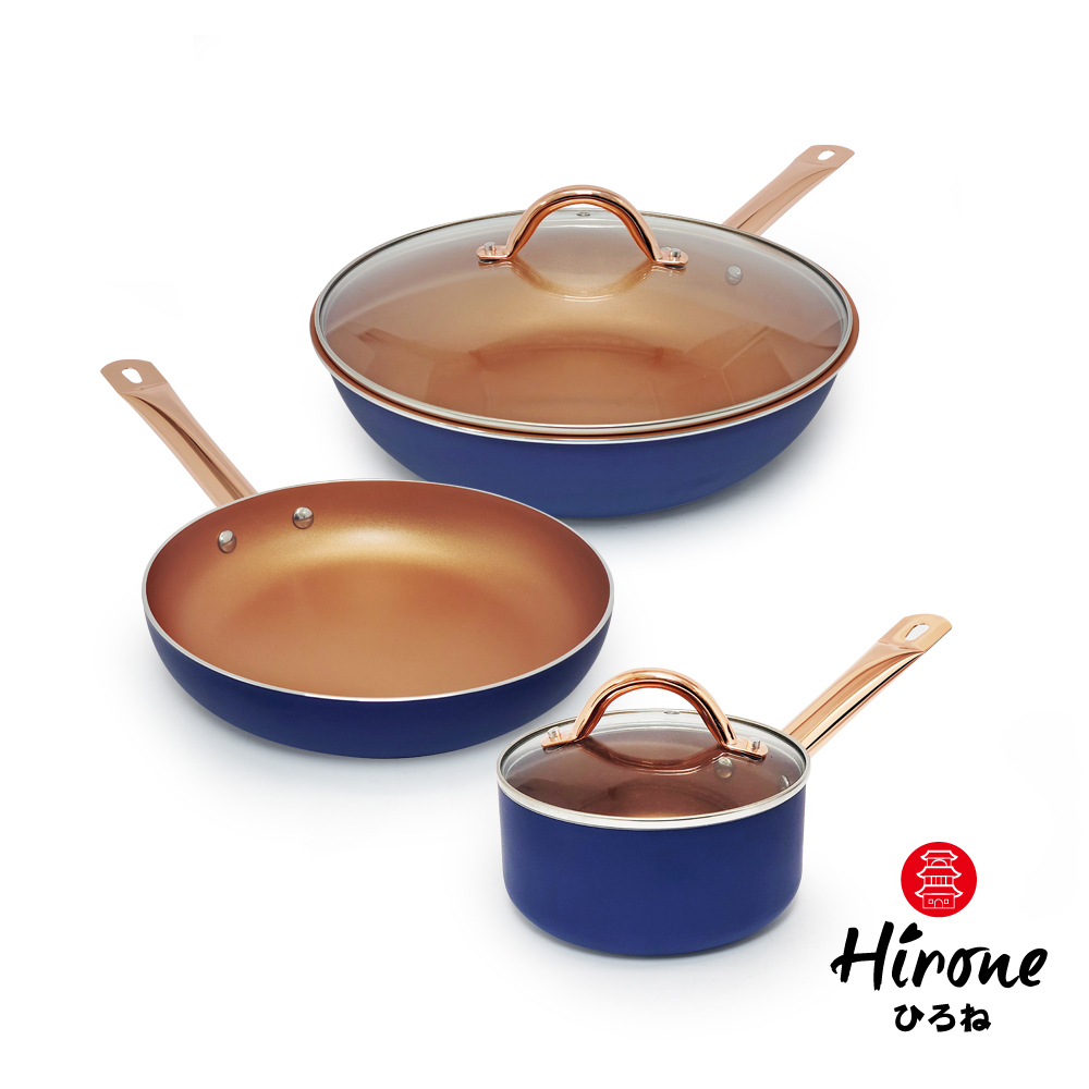 【HIRONE】藍金不沾鍋具組(1套x1(30炒鍋 24平煎鍋 16奶鍋 30炒鍋蓋 16奶鍋蓋))