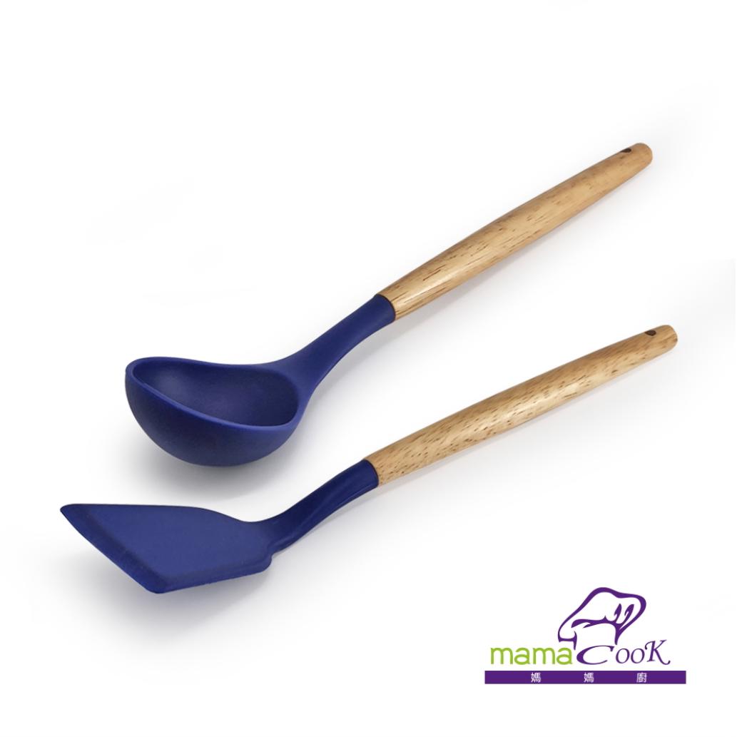 【固鋼】橡膠木紋柄矽膠廚具2件組(1套x1(炒鏟 湯勺))