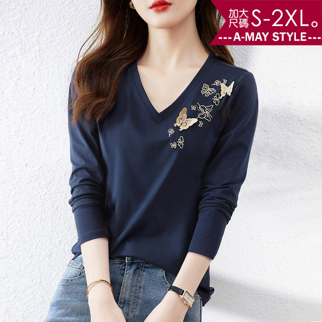 秋新品 加大碼T恤 蝴蝶繡花修身V領顯瘦長袖上衣(S-2XL)【XAS250842】＊艾美時尚(現 預)