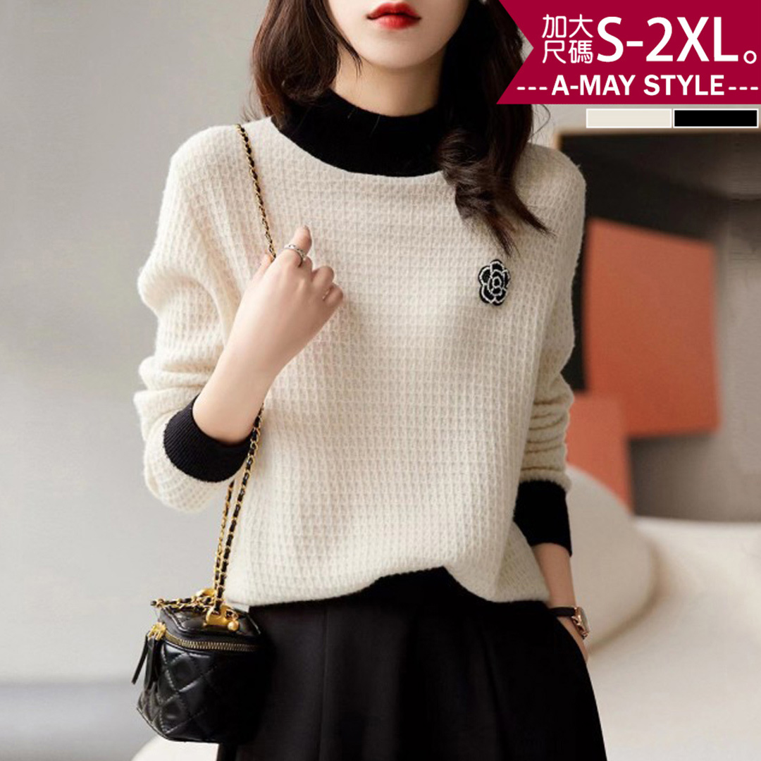 秋新品 加大碼上衣 小香風撞色半高領山茶花長袖針織衫(S-2XL)【XAM250834】＊艾美時尚(現 預)