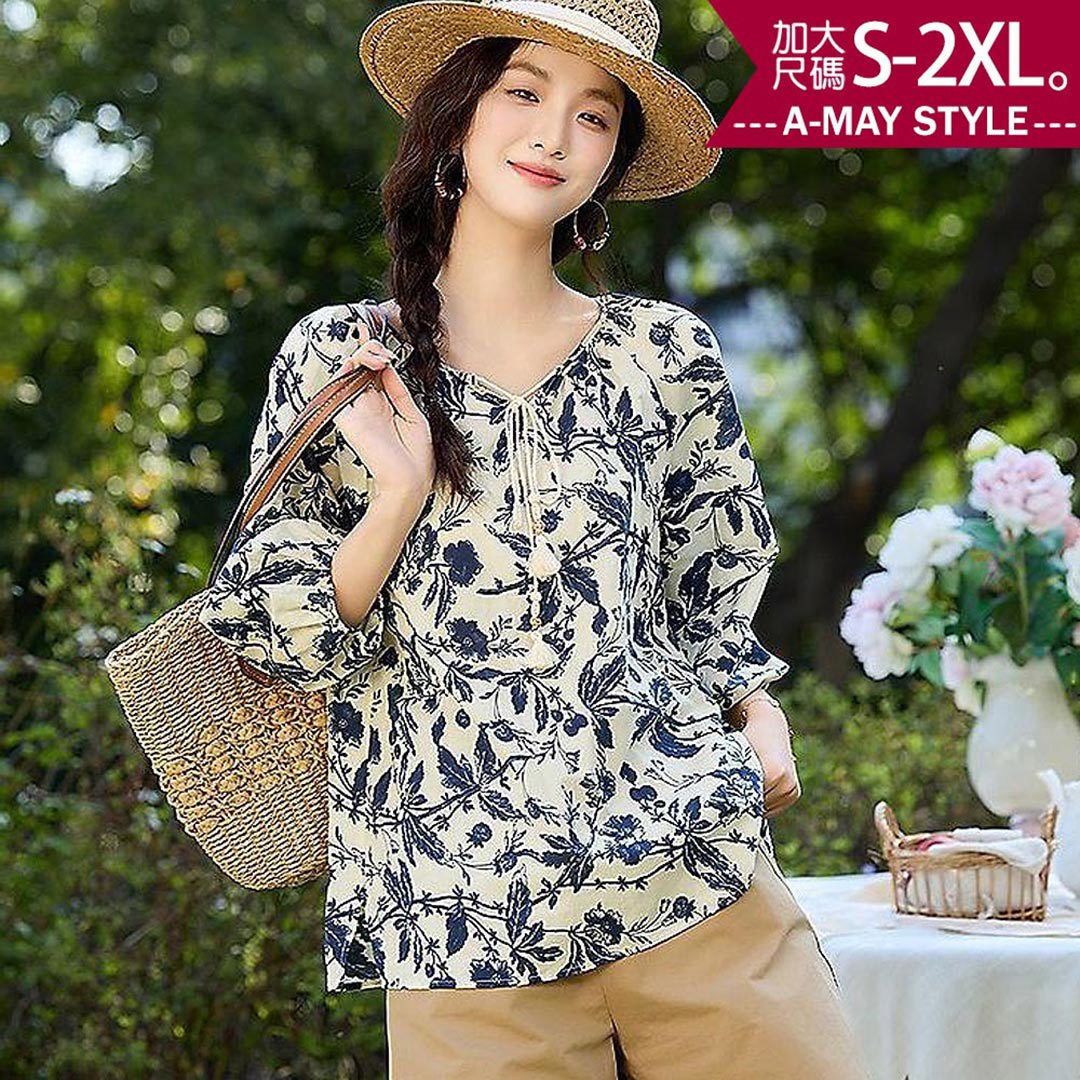 秋新品 加大碼襯衫 休閒花卉印花V領繫帶七分袖上衣(S-2XL)【XAM250841】＊艾美時尚(現 預)