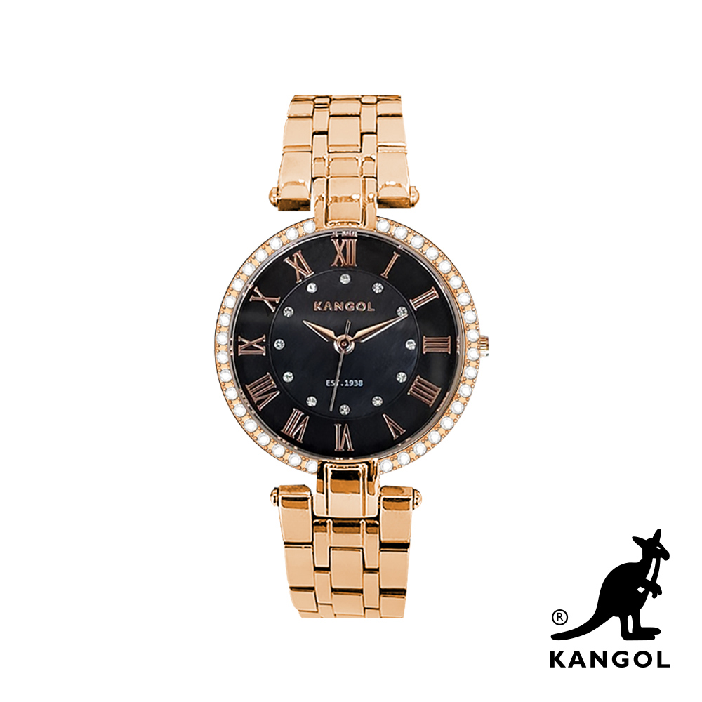 【KANGOL】輕奢羅馬環鑽鋼鍊錶-曜石金(KG73434-06Z KK)