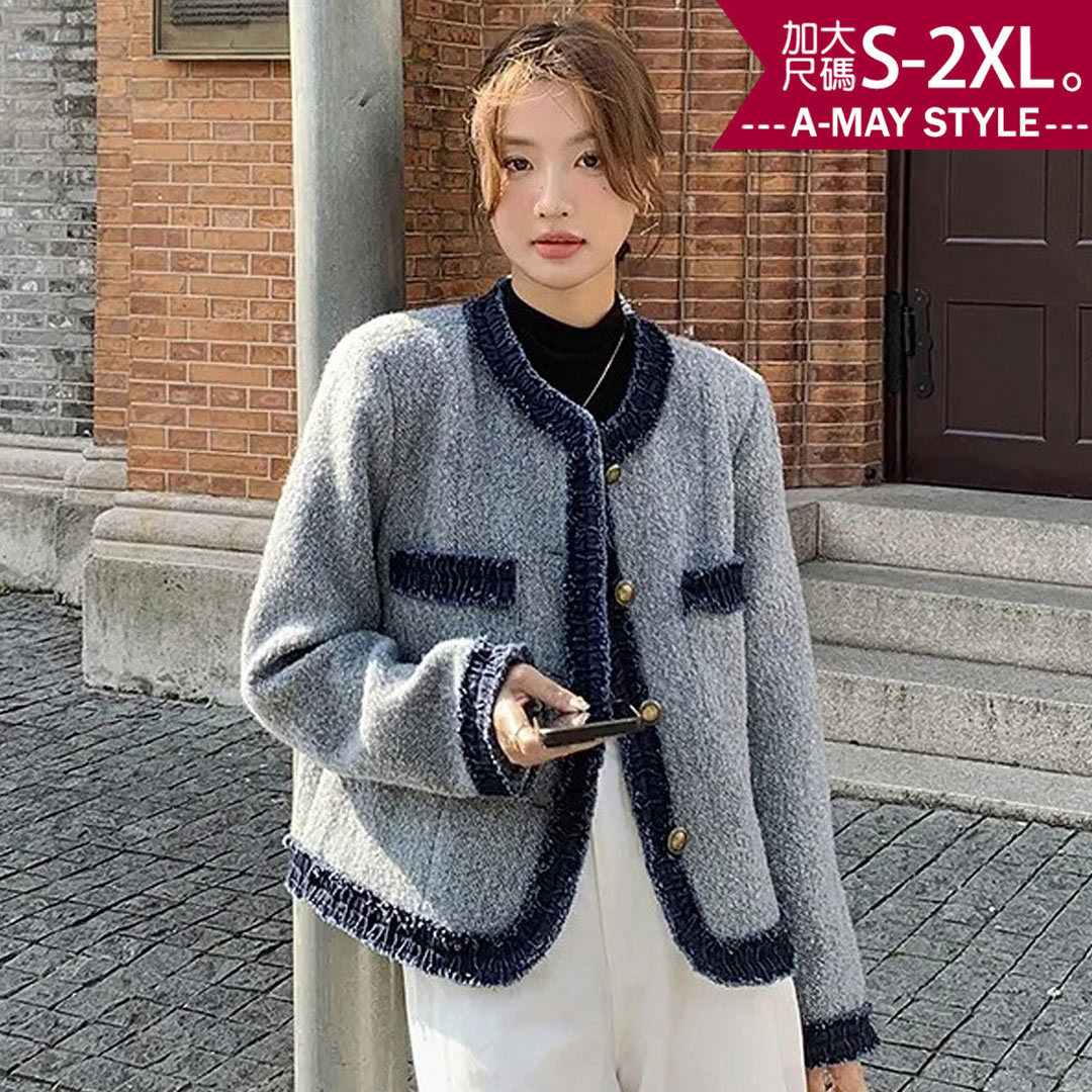 秋新品 加大碼夾克 小香風拼接感時髦設計毛呢外套(S-2XL)【XAM250863】＊艾美時尚(現 預)