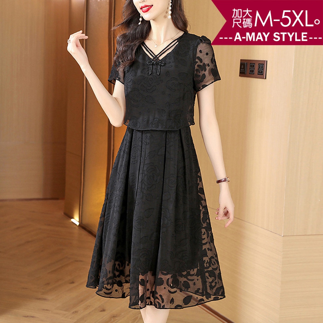 秋新品 加大碼假兩件 中式設計V領拼接印花連身洋裝(M-5XL)【XGC2506S82】＊艾美時尚(現 預)