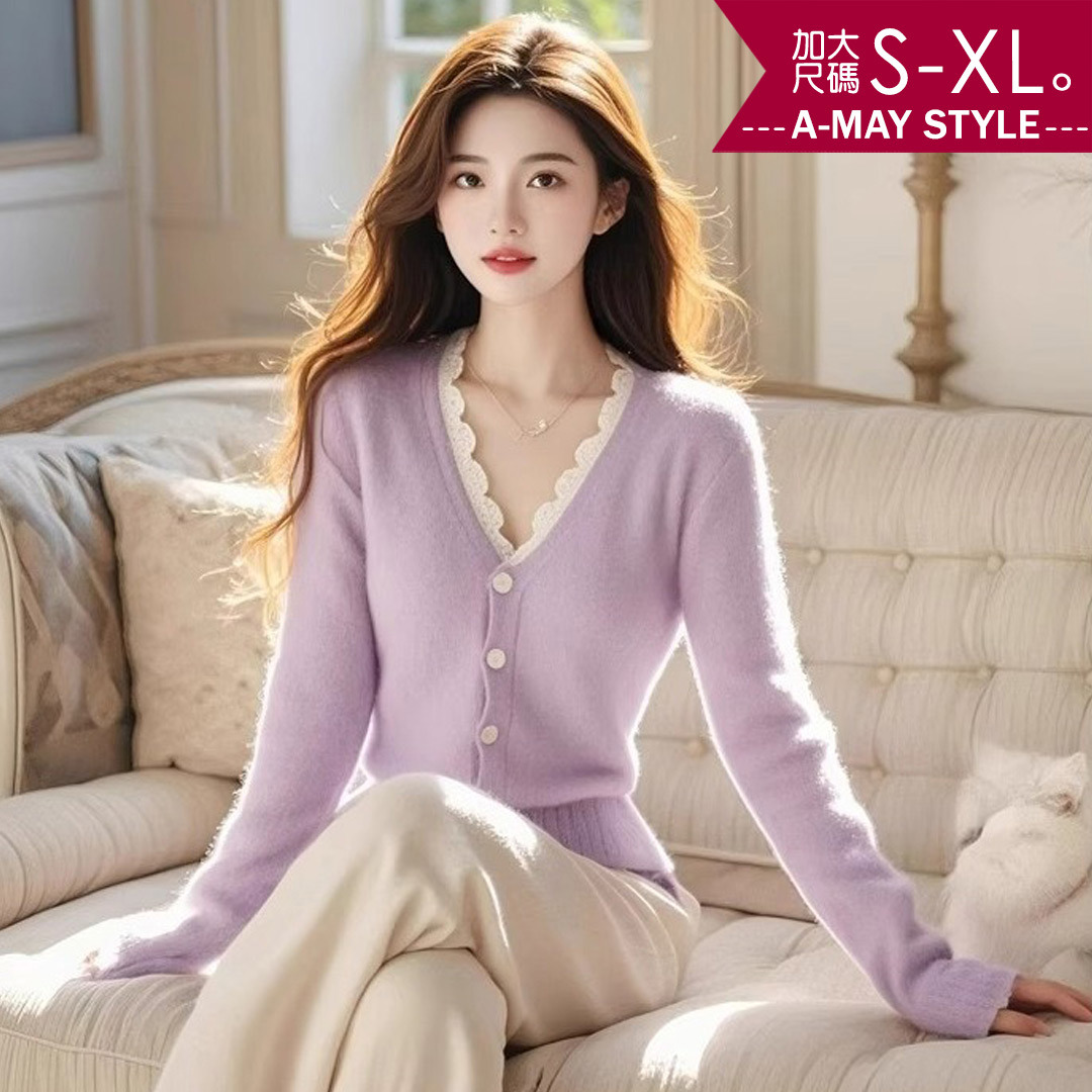 秋新品 加大碼 假兩件優雅V領蕾絲花邊拼接顯瘦針織衫(S-XL)【XAM250841-1】＊艾美時尚(現 預)