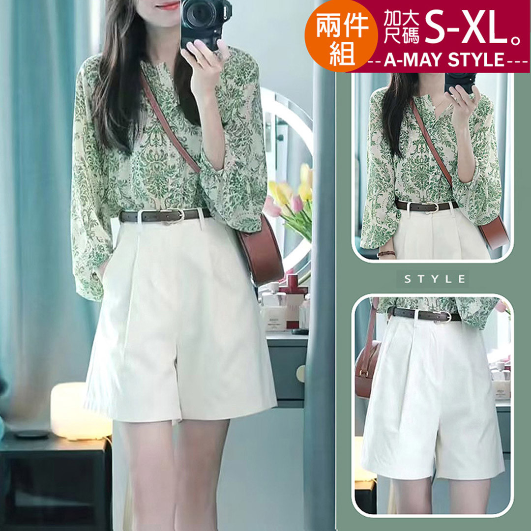 加大碼 兩件式印花襯衫短褲套裝(S-XL)【XCN23S96】＊艾美時尚(現 預)