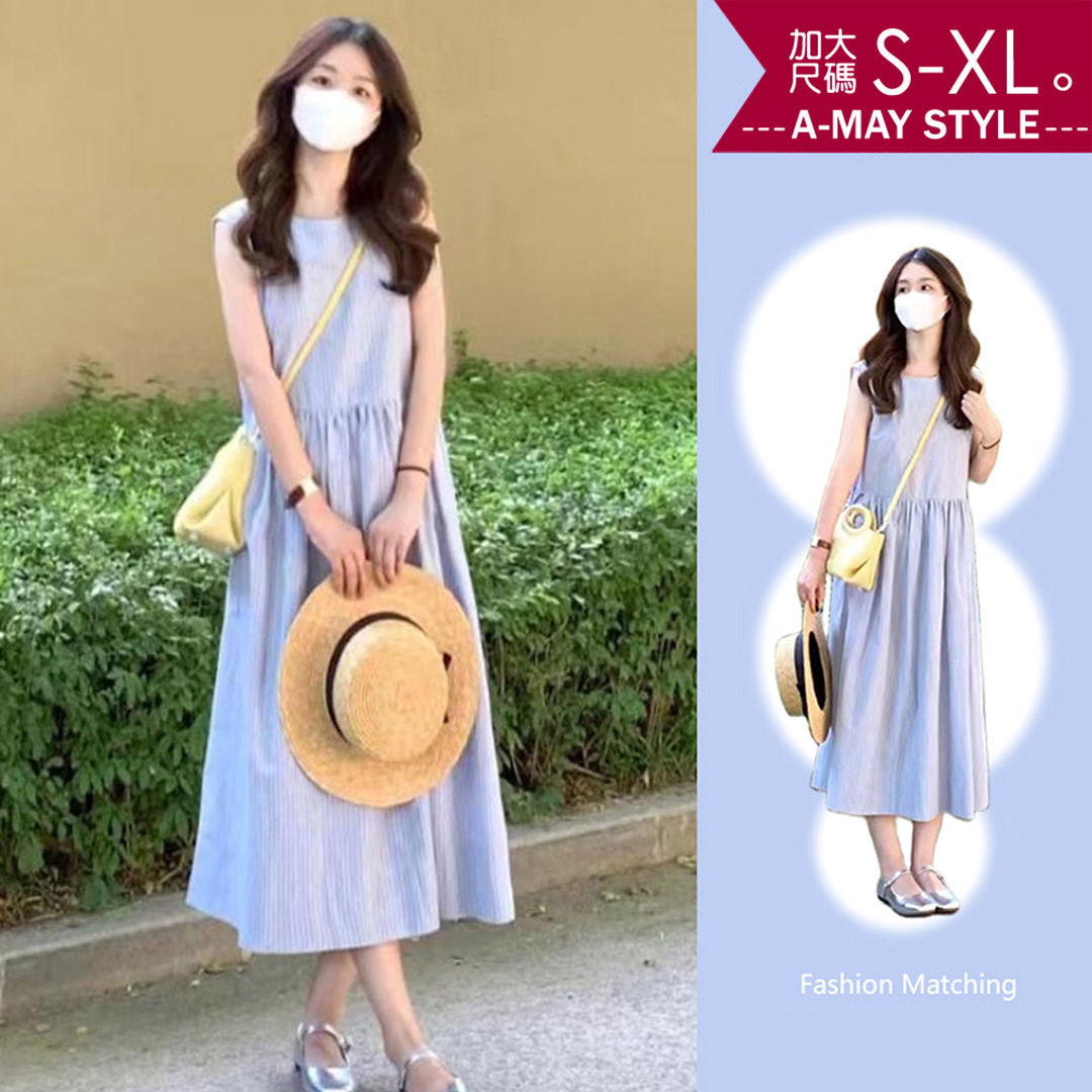 加大碼 連身洋裝 休閒條紋寬鬆無袖洋裝(S-XL)【XCN23S63】＊艾美時尚(現 預)