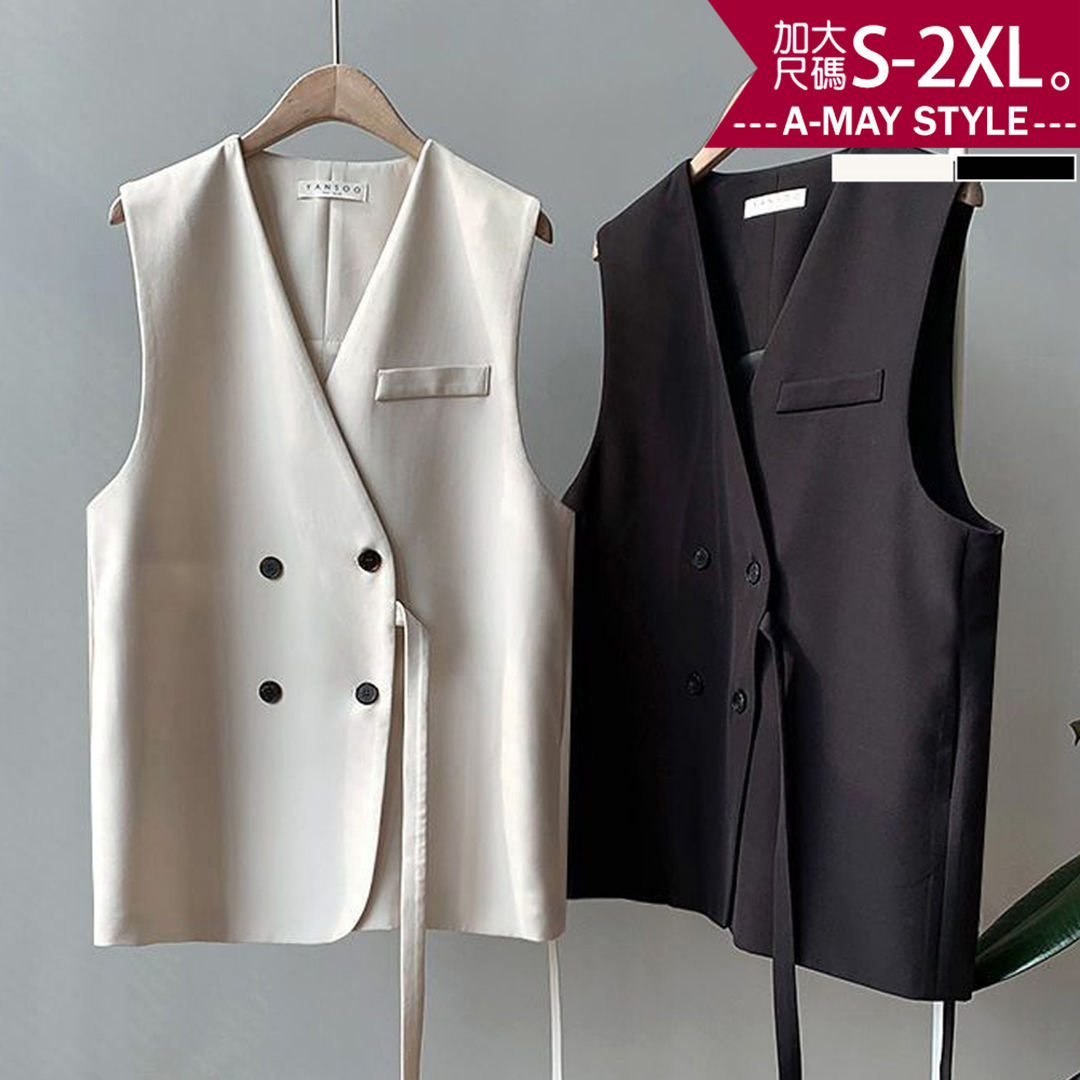 加大碼女裝 馬甲背心 無袖上衣 英倫風寬鬆繫帶西裝背心外套(S-2XL)【XG250933】＊艾美時尚(現 預)