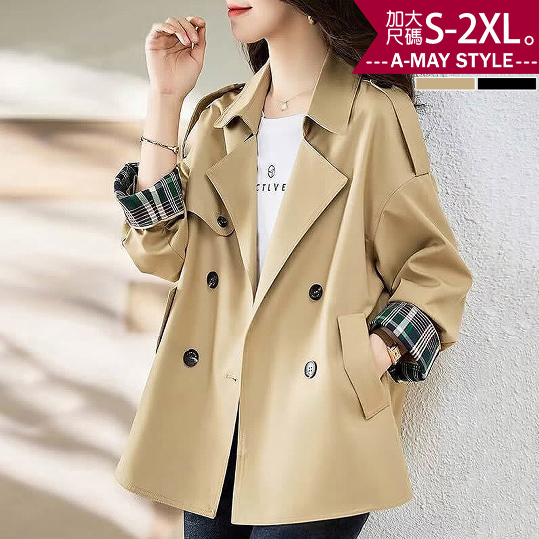 秋新品 加大碼大衣 俐落感格紋翻袖百搭風衣外套(S-2XL)【XG250974】＊艾美時尚(現 預)