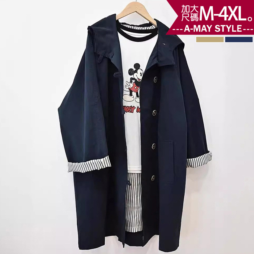 秋新品 加大碼風衣外套 率性工裝風翻袖設計中長版連帽外套(M-4XL)【XC2509100】＊艾美時尚(現 預)