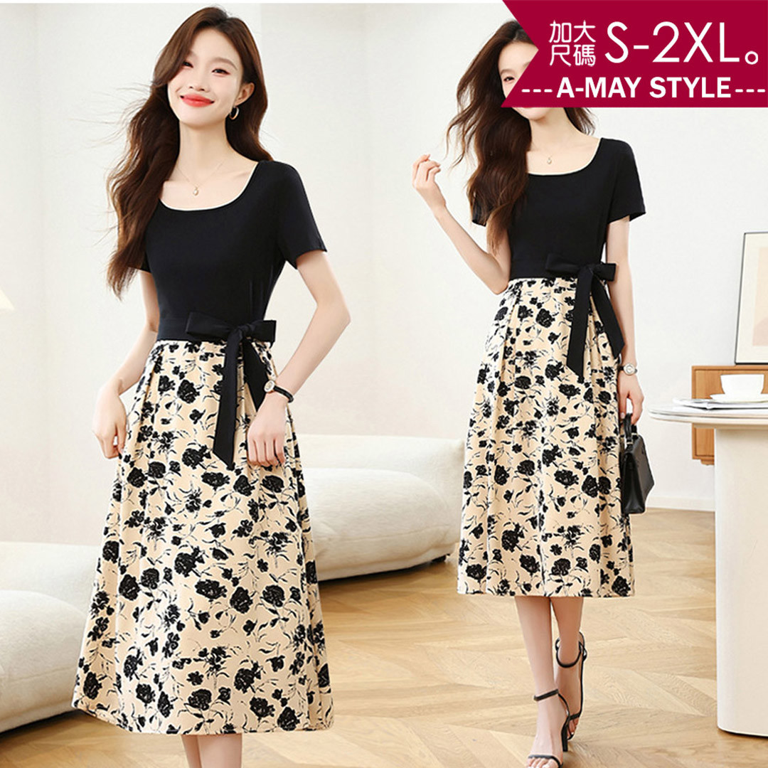 加大碼洋裝 復古印花撞色拼接蝶結顯瘦連身洋裝(S-2XL)【XGC250658】＊艾美時尚(現 預)