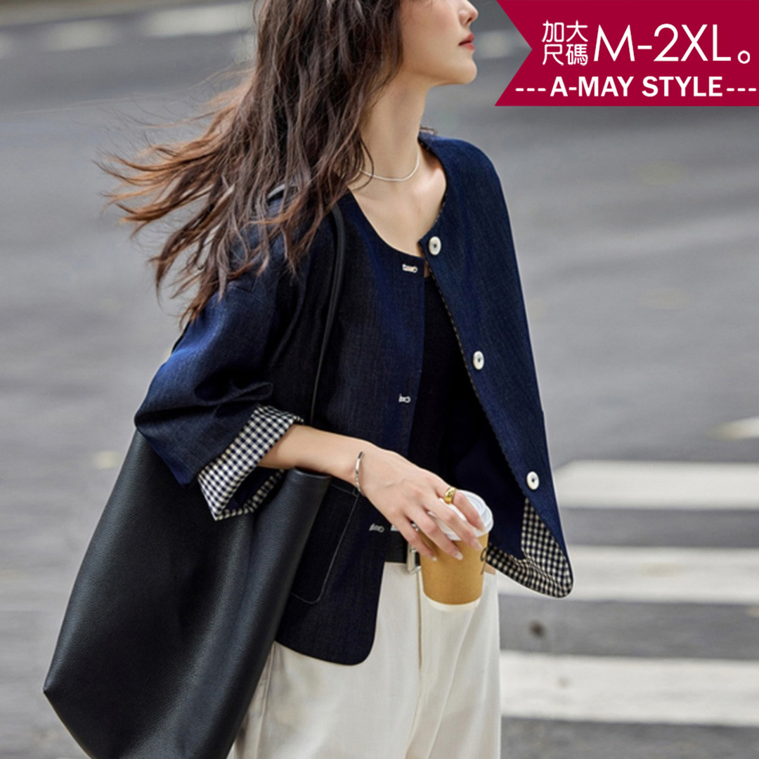 加大碼夾克 時髦設計拼接寬鬆感圓領外套。(M-2XL)【XAM250958】＊艾美時尚(現 預)