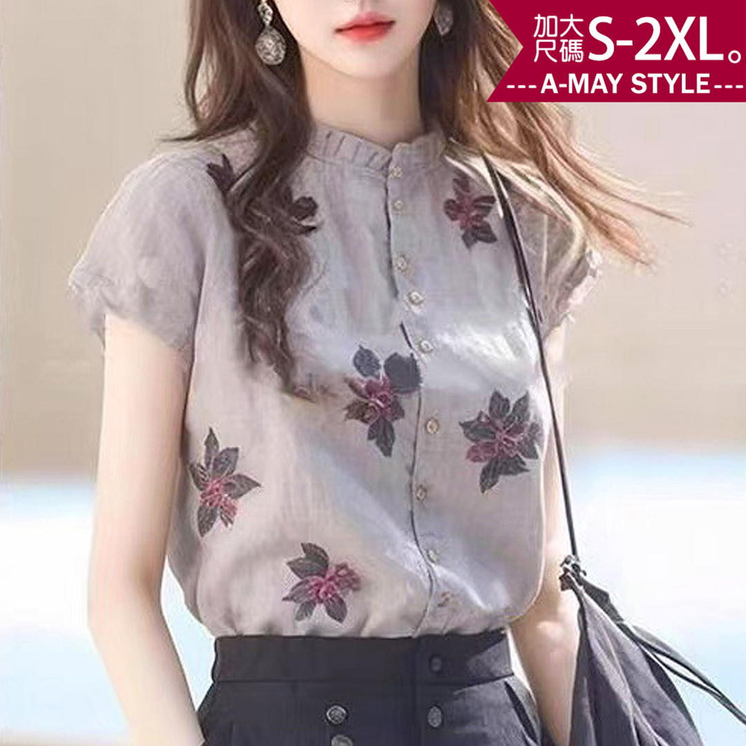 加大碼上衣 別緻花卉小立領優雅印花短袖襯衫(S-2XL)【XCG250825】＊艾美時尚(現 預)