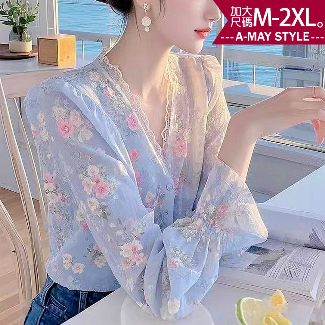 加大碼襯衫 唯美蕾絲碎花V領長袖雪紡衫上衣(M-2XL)【XCG250823】＊艾美時尚(現 預)