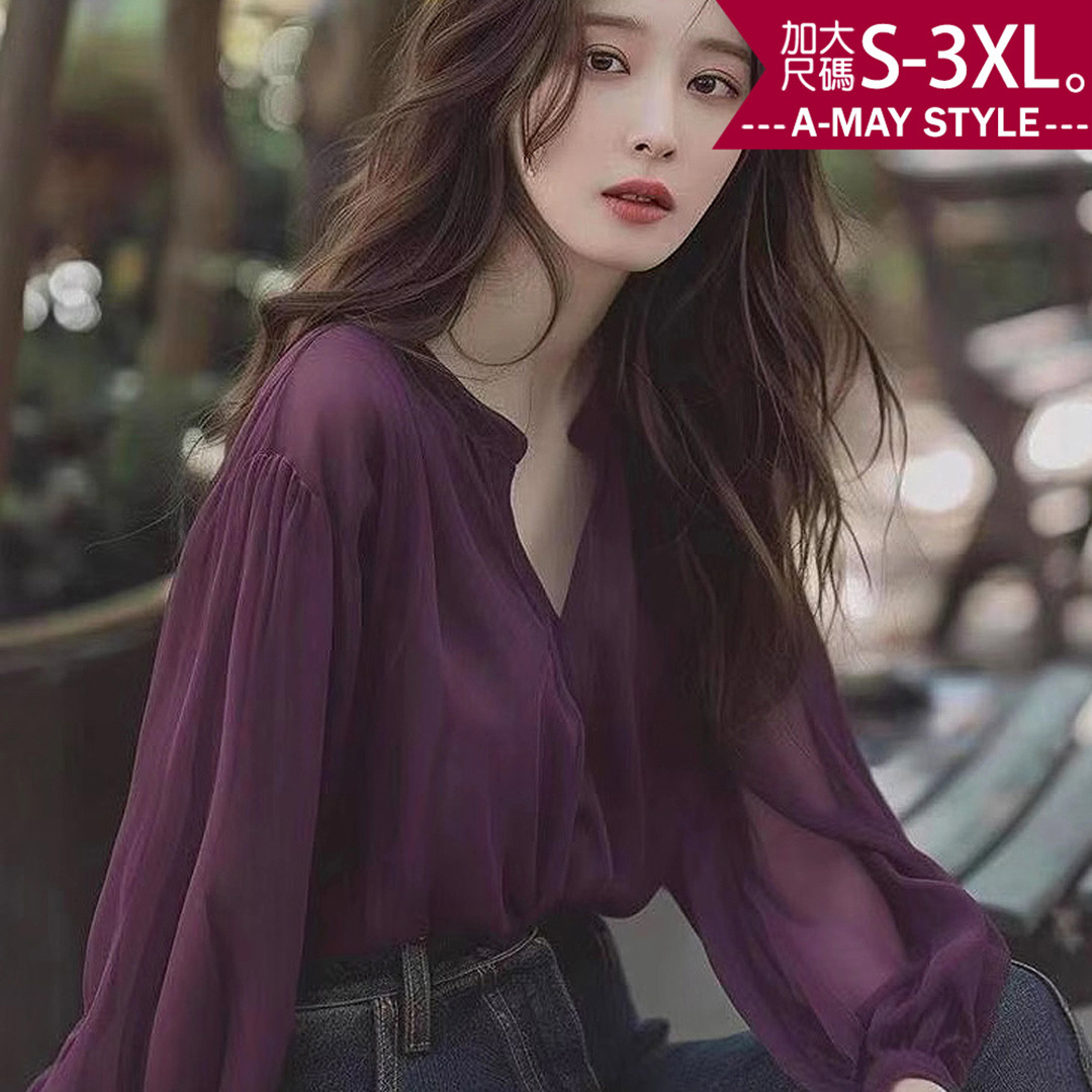加大碼襯衫 氣質修身V領透膚燈籠袖雪紡衫上衣(S-3XL)【XCG2508S23】＊艾美時尚(現 預)