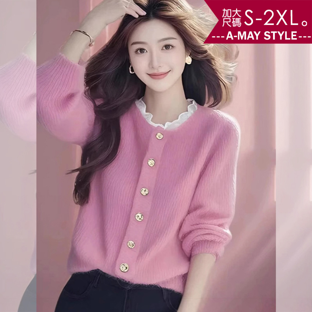 加大碼上衣 甜美拼色木耳領排扣毛衣針織衫(S-2XL)【XME250858】＊艾美時尚(現 預)