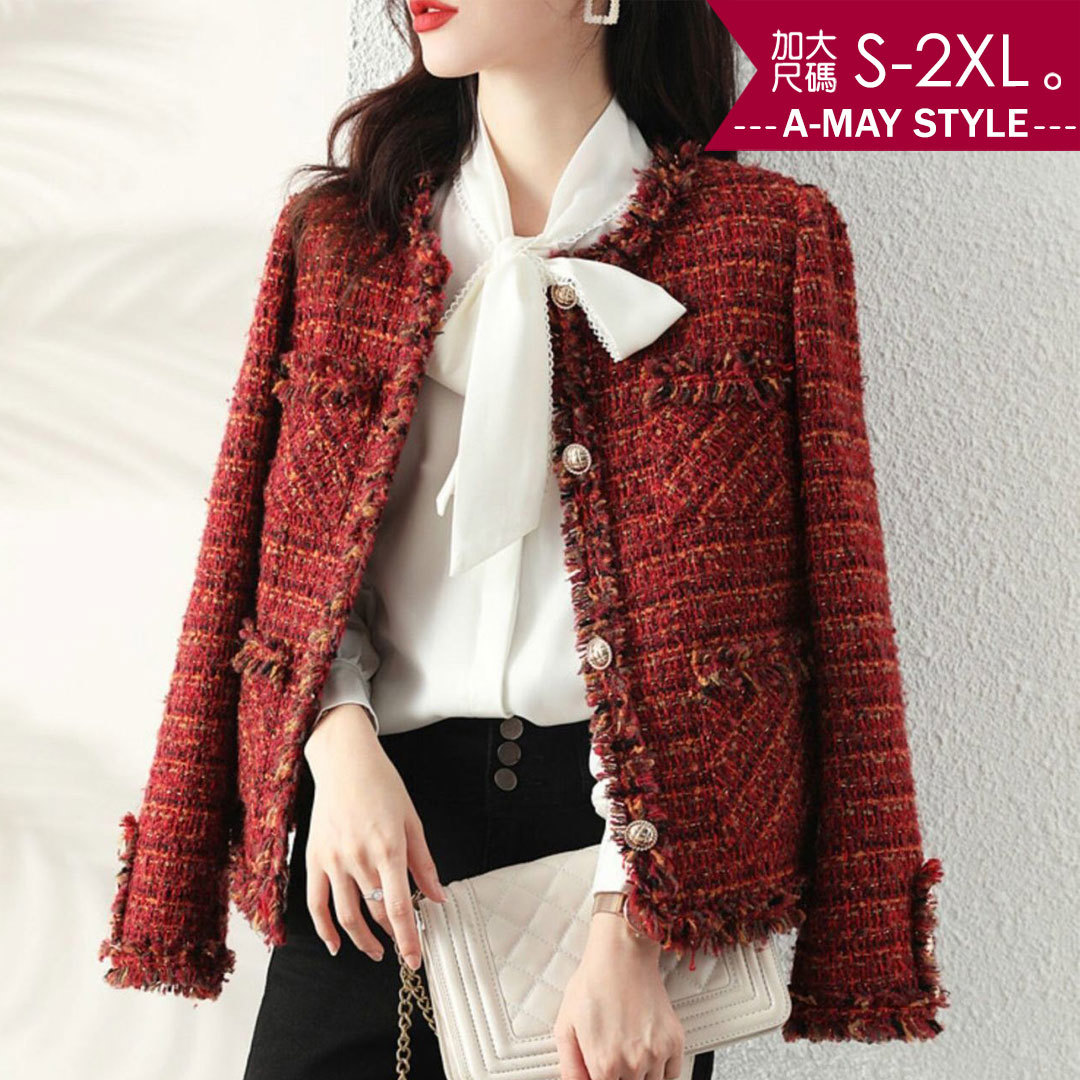 冬新品 加大碼夾克 高級感復古紅混織粗花呢小香風外套。(S-2XL)【XCC251094】＊艾美時尚(現 預)