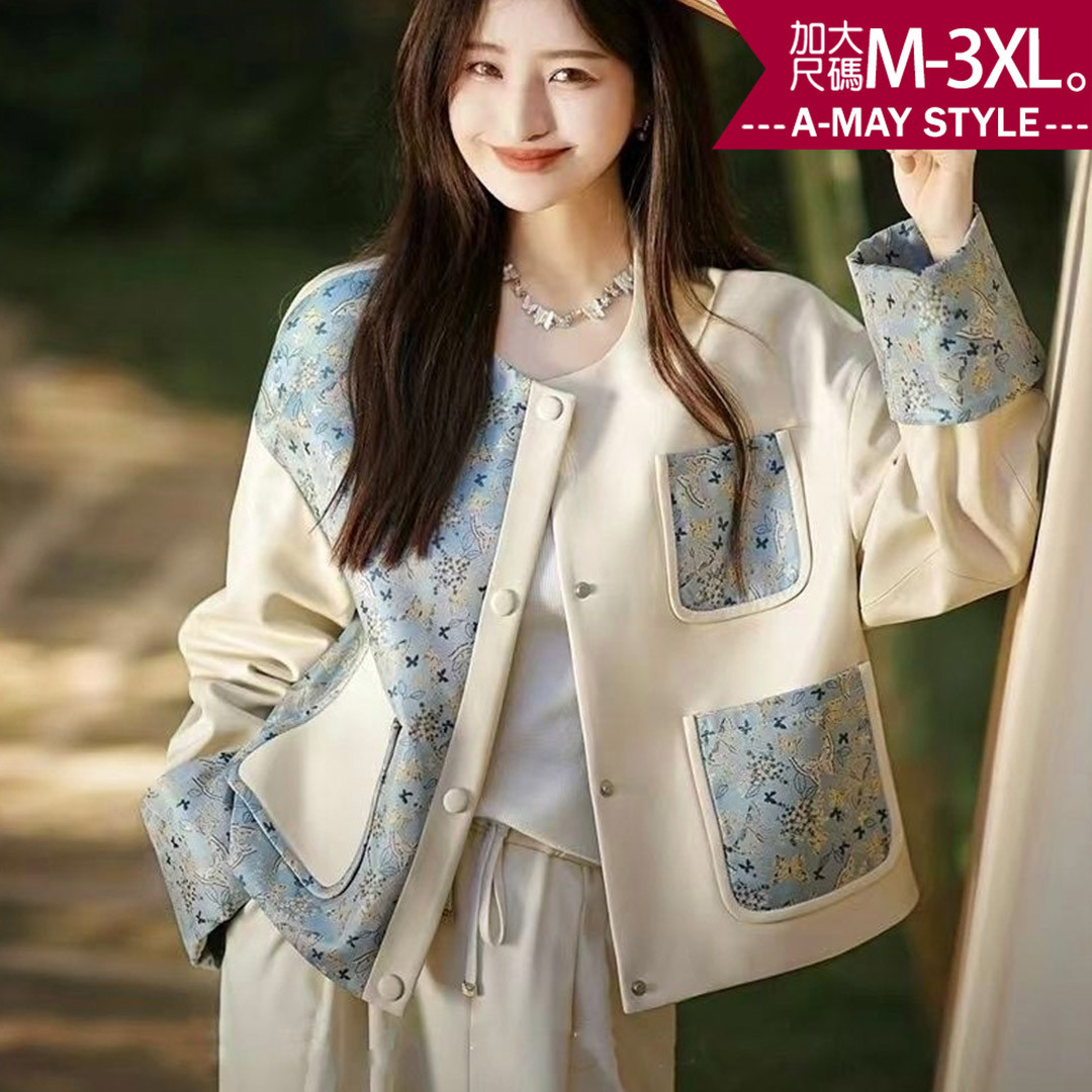 冬新品 加大碼上衣 設計感中式緹花撞色口袋圓領長袖外套。(M-3XL)【XCC251098】＊艾美時尚(現 預)