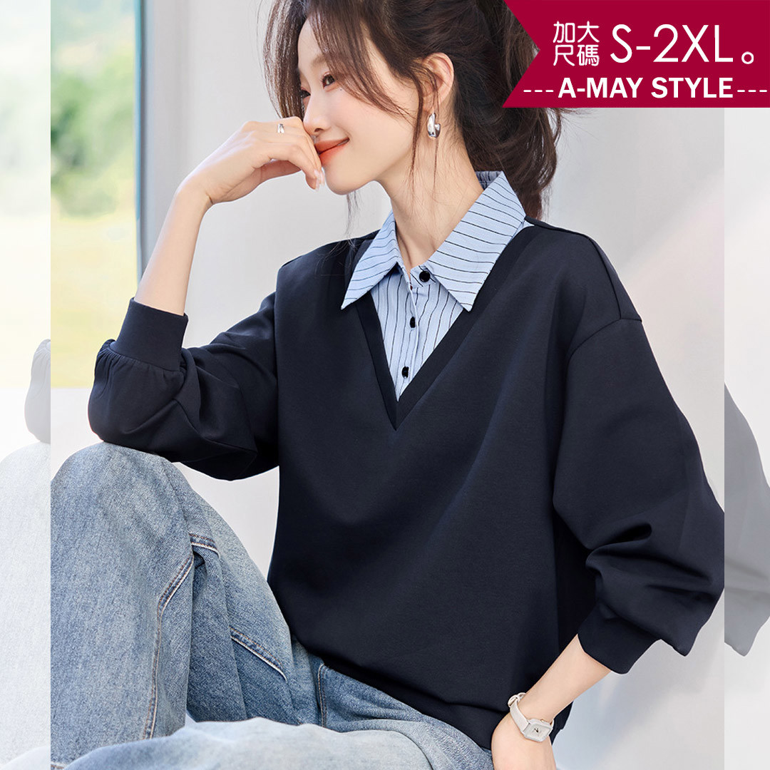 加大碼大學T 假兩件條紋襯衫拼色休閒長袖上衣(S-2XL)【XAM250949】＊艾美時尚(現 預)