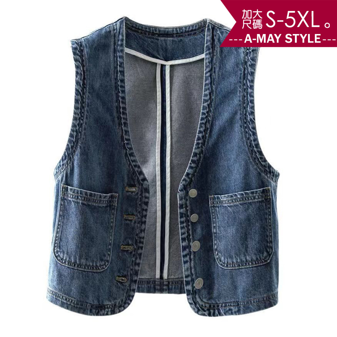 加大碼 馬甲背心 時髦休閒大口袋薄款牛仔背心(S-5XL)【XJG250935】＊艾美時尚(現 預)