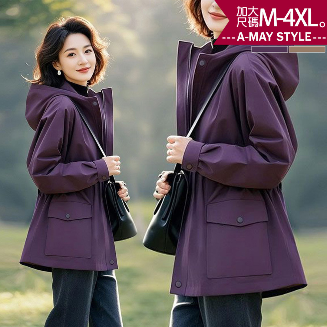 加大碼  風衣 簡約休閒感收腰顯瘦保暖連帽外套(M-4XL)【XJG250979】＊艾美時尚(現 預)
