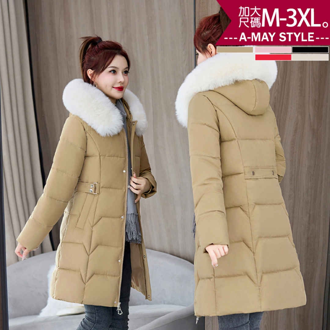加大碼 連帽外套大衣 毛領連帽中長版顯瘦仿羽絨保暖鋪棉外套(M-3XL)【XMG250972】＊艾美時尚(現 預)