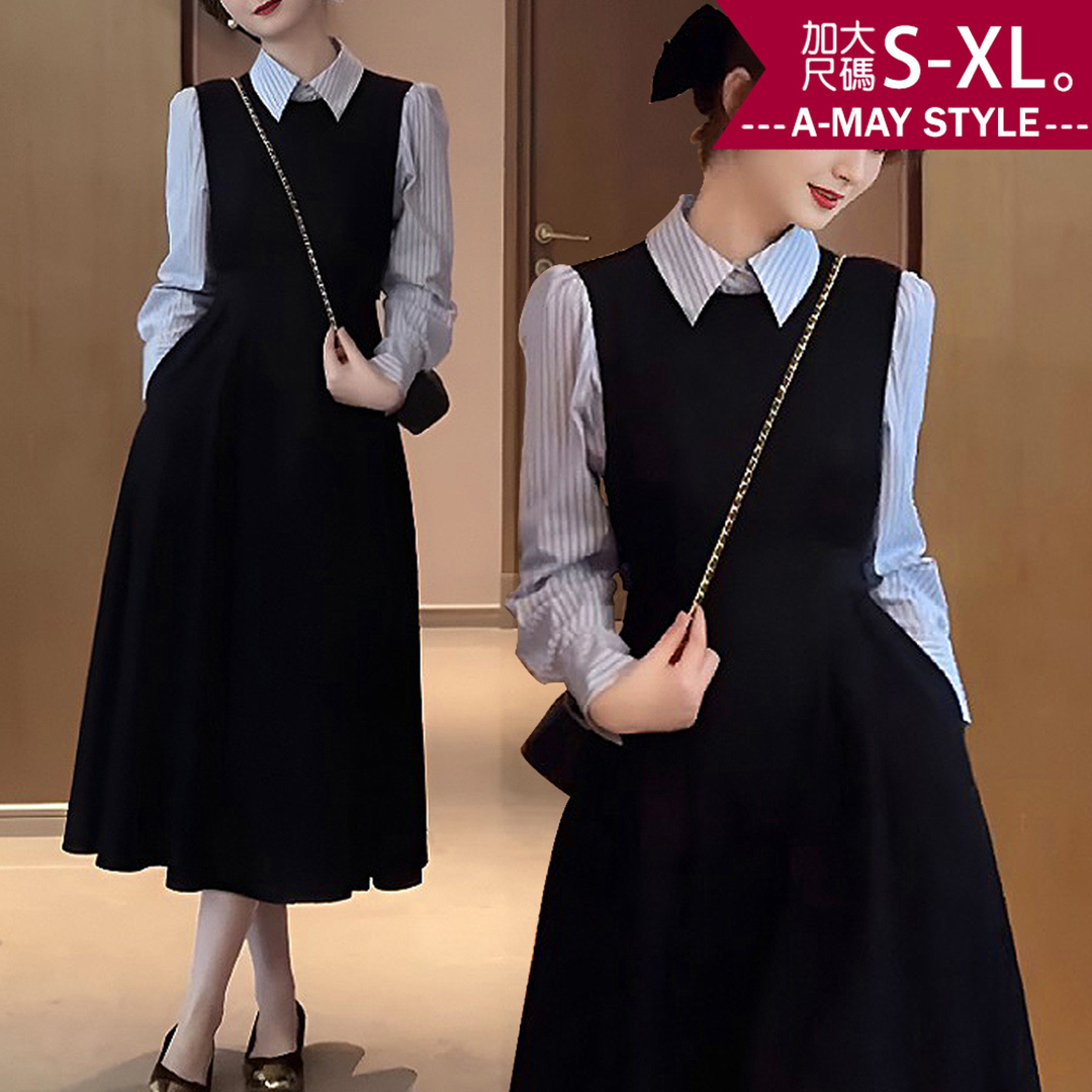 加大碼 連身裙 假兩件條紋襯衫拼接連身裙洋裝(S-XL)【XNG251163】＊艾美時尚(現 預)