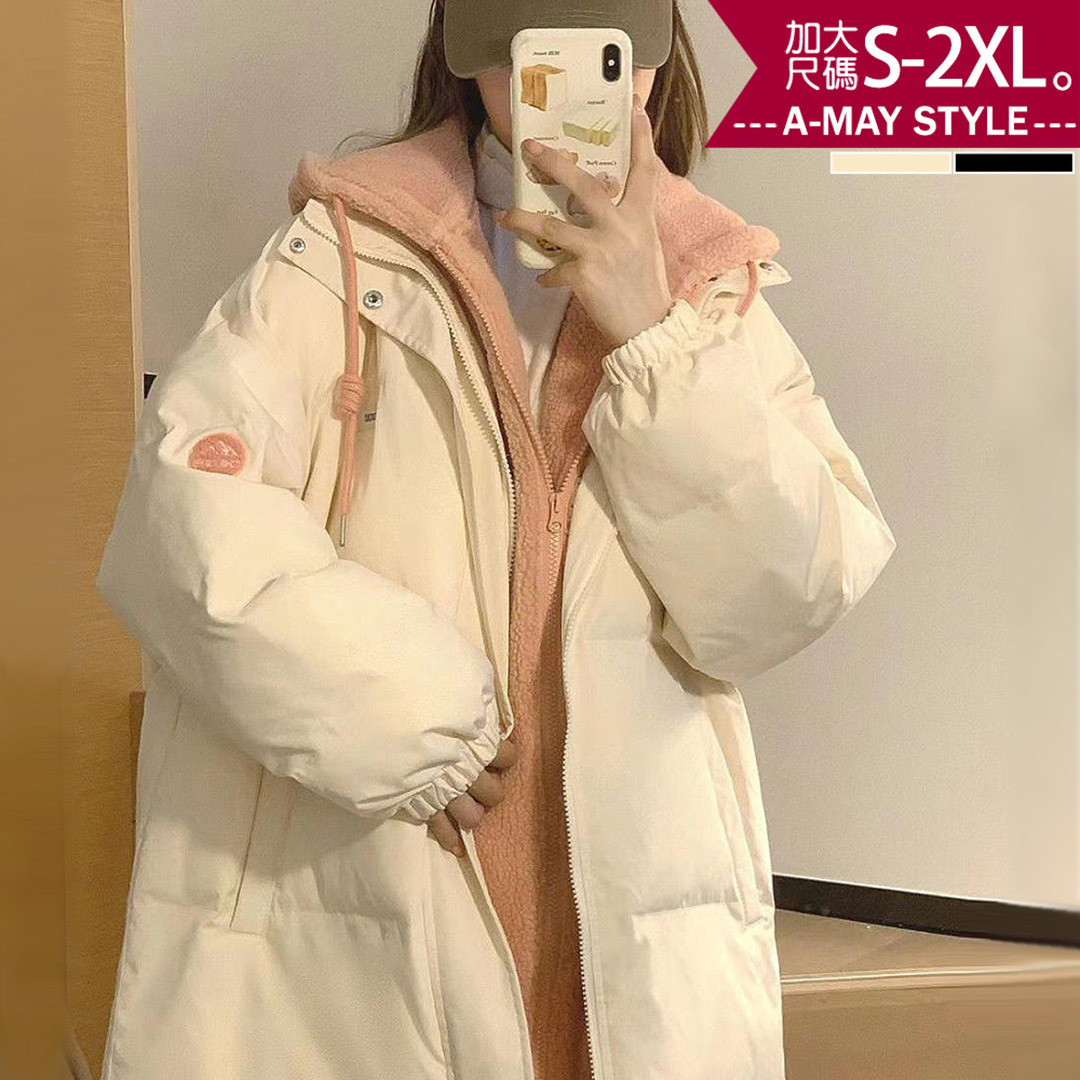 加大碼 抗溫差 假兩件韓系拼接仿羽絨保暖鋪棉連帽外套(S-2XL)【XHI251159】＊艾美時尚(現 預)
