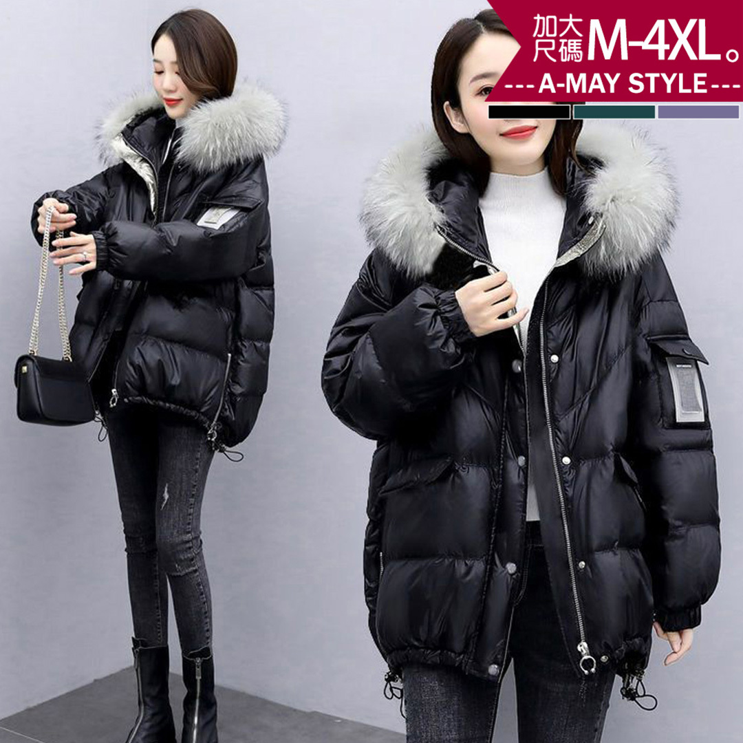 加大碼 鋪棉外套 日韓時尚毛領亮面保暖棉連帽外套(M-4XL)【XC2511110】＊艾美時尚(現 預)