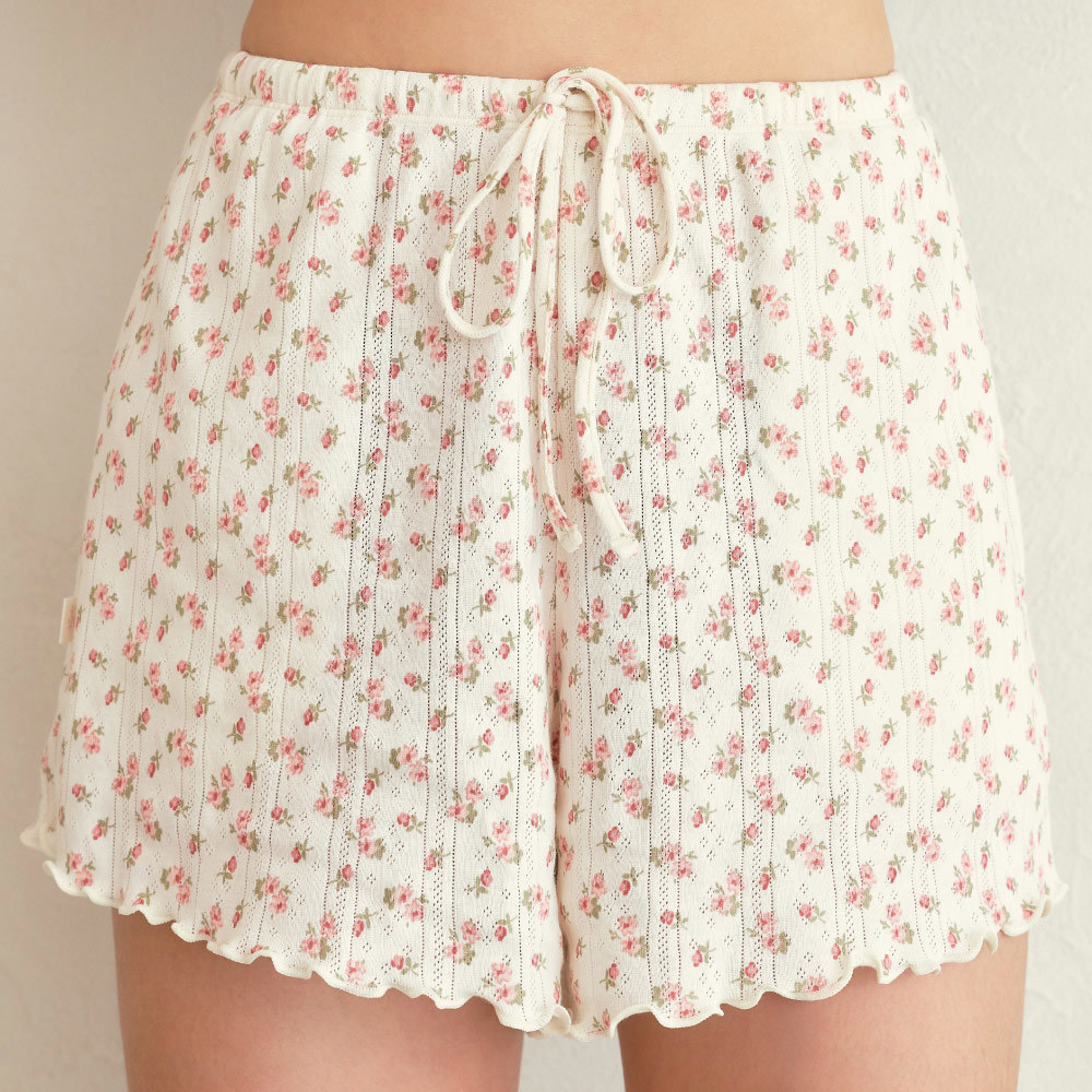 居家褲【晚安推推．夢遊花花日記】碎花睡眠短褲(棉花白)