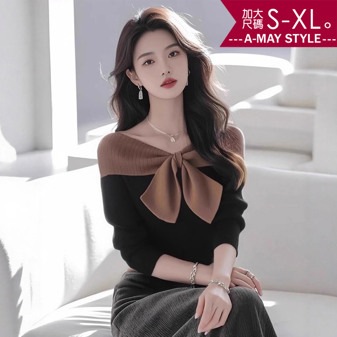 加大碼 針織衫 韓系優雅蝴蝶結拼色一字領針織上衣(S-XL)【XHS251146】＊艾美時尚(現 預)