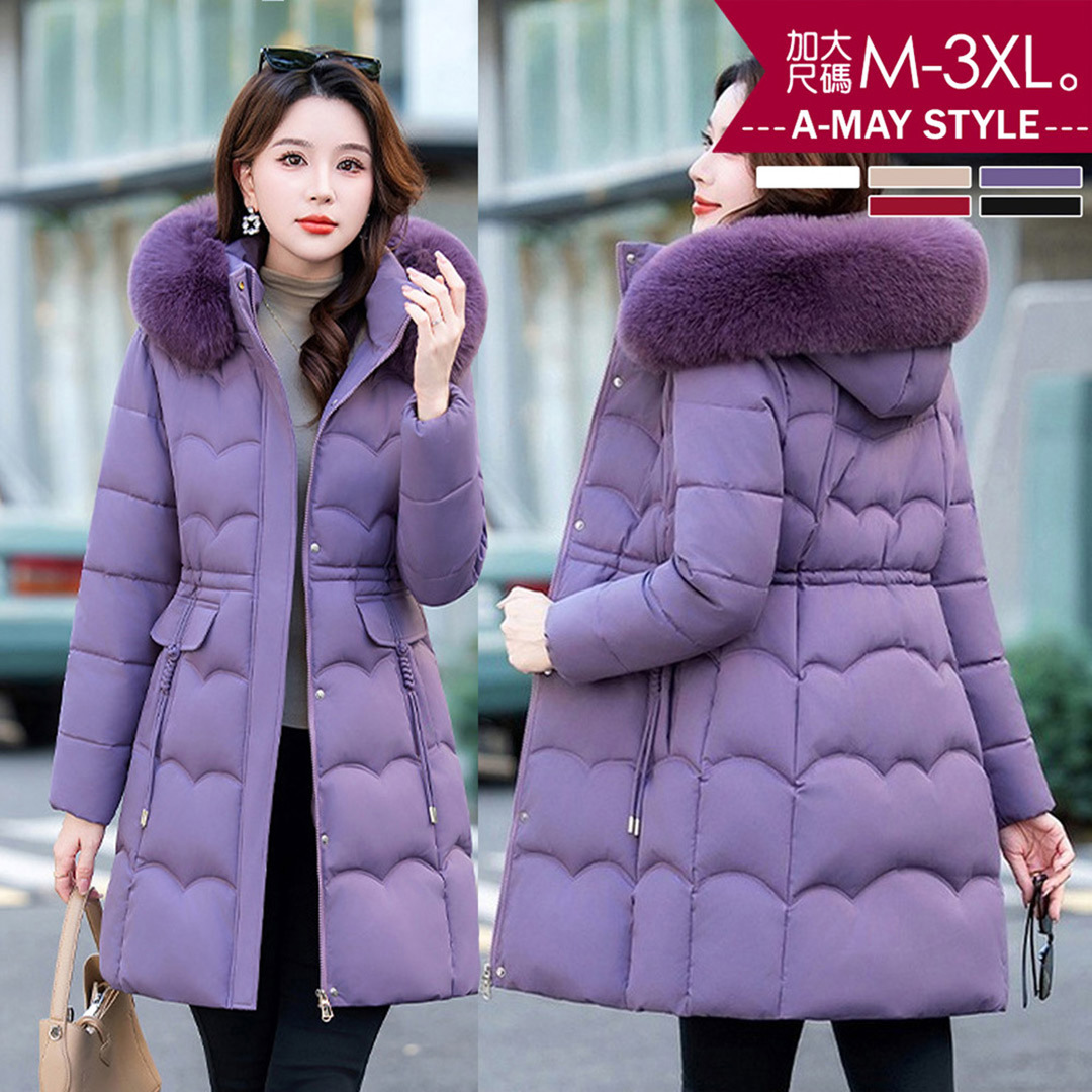 加大碼 連帽外套 顯瘦時尚大毛領中長版仿羽絨保暖鋪棉外套(M-3XL)【XMG251279】＊艾美時尚(現 預)