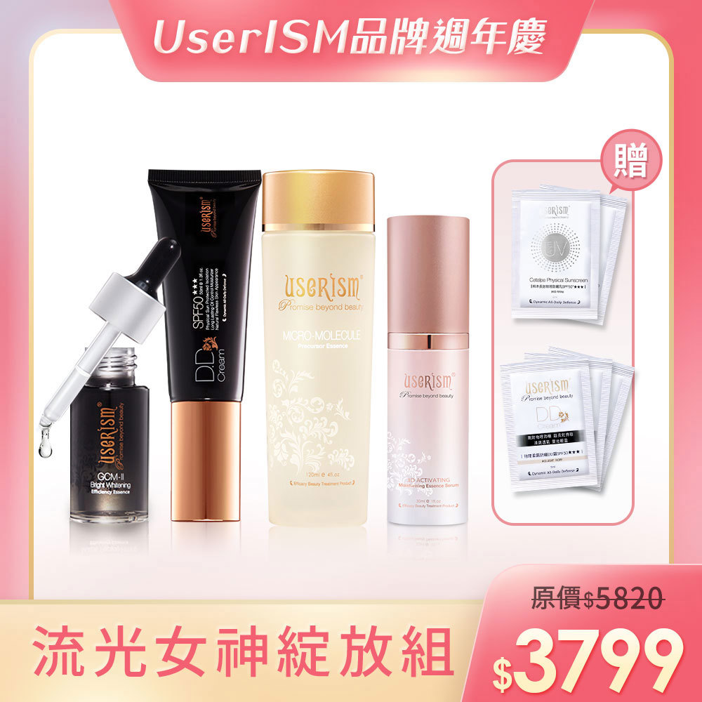 【流光女神綻放組】物理防曬DD霜SPF50 ★★★ 50ml/微分子前導活膚菁露/GCM-II透白增效精華/3D舒緩保濕凝乳 防曬小DD試用包x3 梓木試用包x2
